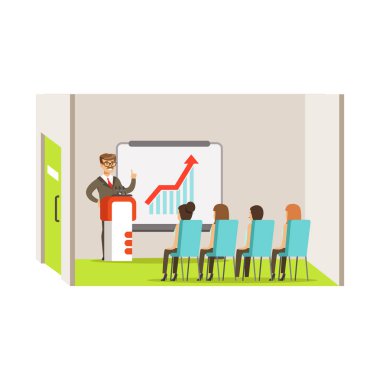 Büyüme grafik bir ofiste bir iş toplantısında bir beyaz tahta işaret işkadını illüstrasyon vektör