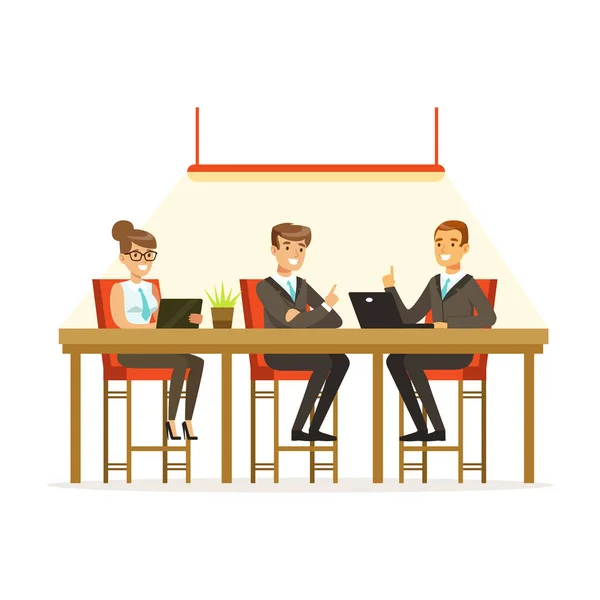 Coworking personas que intercambian ideas y experiencia en reuniones de negocios en vector de oficina Ilustración — Archivo Imágenes Vectoriales