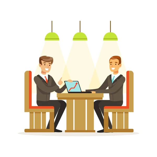 Coworking άνθρωποι ανταλλάσσοντας ιδέες και εμπειρίες σε επιχειρηματική συνάντηση κάθεται σε μια καφετέρια διανυσματικά εικονογράφηση — Διανυσματικό Αρχείο