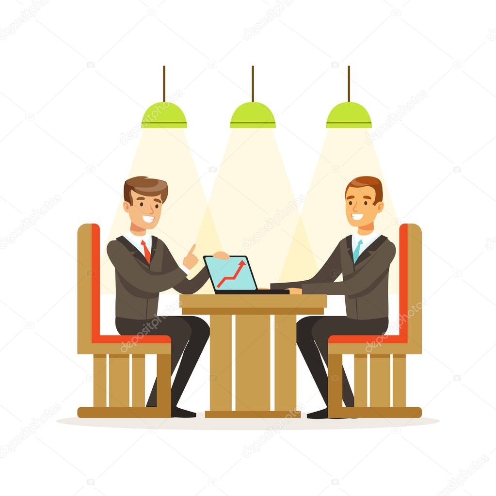 Coworking people exchanging ideas and experience at business meeting sitting at a cafe vector Illustration