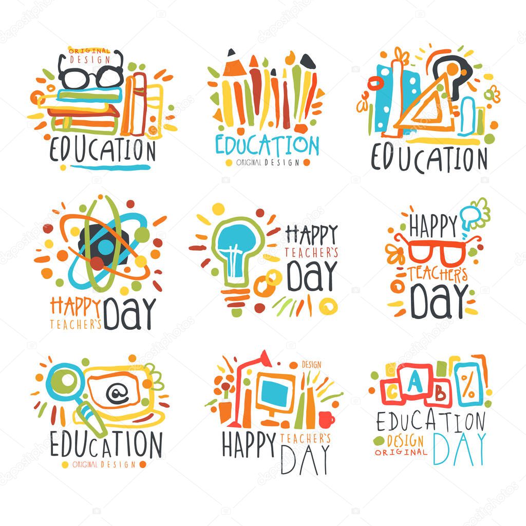 Education labels original design, set of logo graphic templates colorful hand drawn vector Illustrations