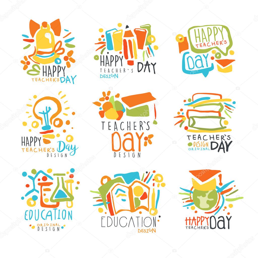 Happy Teachers Day labels, set of logo graphic templates colorful hand drawn vector Illustrations