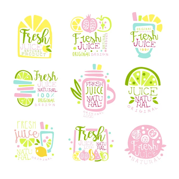 Fresh juice set of logo templates hand drawn colorful vector Illustrations — Stock Vector