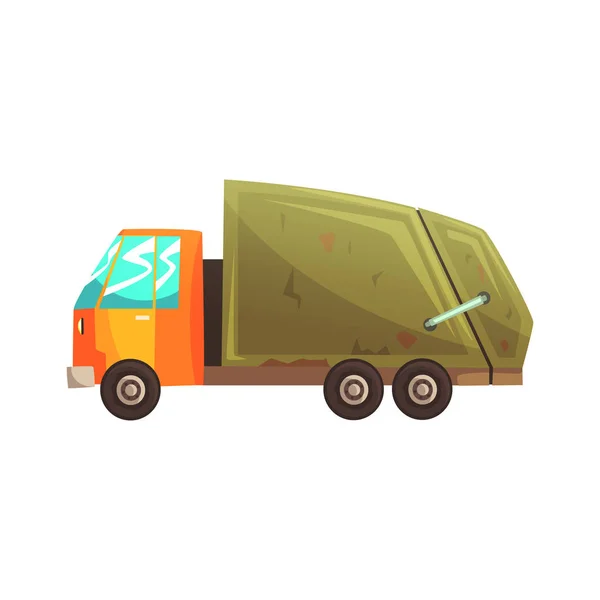 Camião de lixo, reciclagem de resíduos e utilização cartoon vector Ilustração —  Vetores de Stock