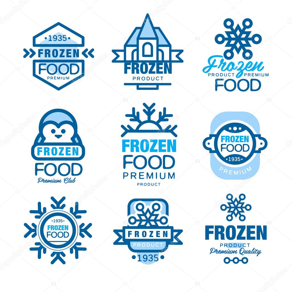 Frozen food premium product set of logo templates hand drawn vector Illustrations in blue colors isolated on a white background