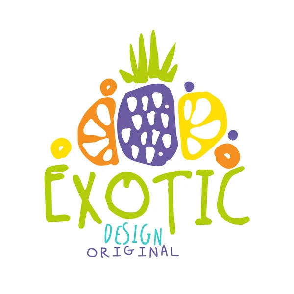 エキゾチックなロゴデザインのオリジナル トロピカル フルーツのカラフルな手で描いたベクトル図 — ストックベクタ