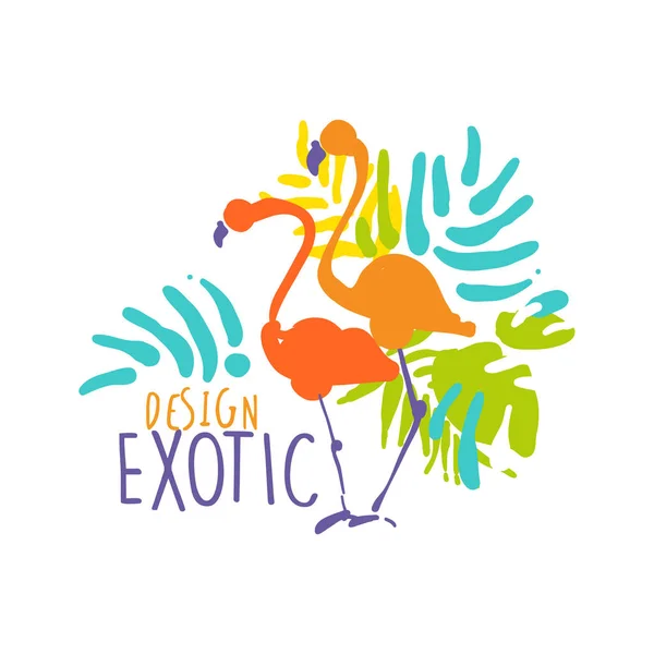 Exotic logo design with flamingo birds colorful hand drawn vector Illustration