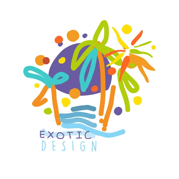 Exotische logo ontwerp, strand vakantie kleurrijke hand getekende vector illustratie — Stockvector