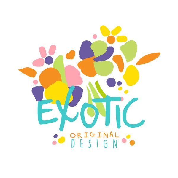 Exotiska logotyp original design med tropiska frukter och blommor färgglada hand dras vektor Illustration — Stock vektor