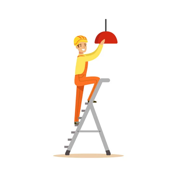 Elektricien staande op een trapladder installeren van verlichting aan het plafond, elektrische man uitvoeren van elektrische werken vector illustratie — Stockvector