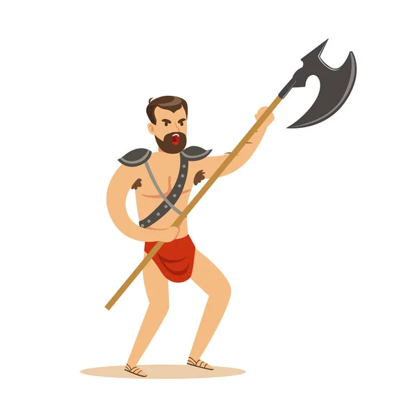 Warrior character, naked man in a red loincloth with poleaxe vector Illustration — Stock Vector