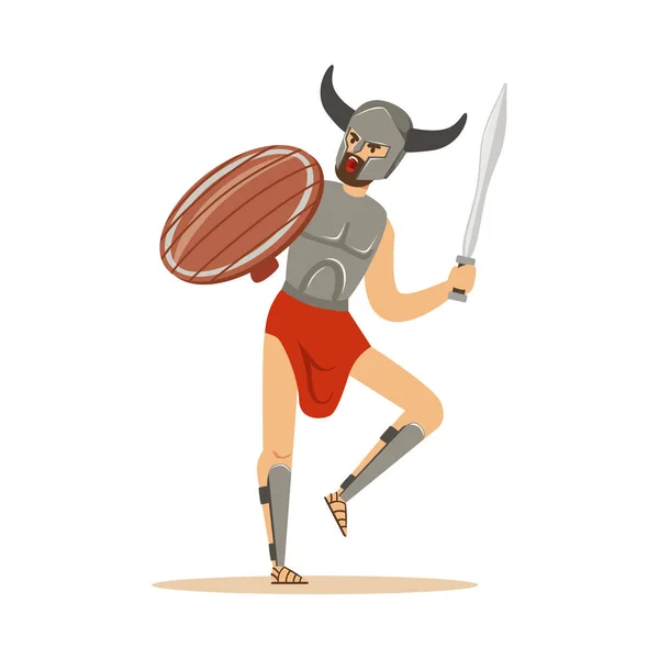 Warrior personage, man in gehoornde helm met withswprd en houten schild vector illustratie — Stockvector