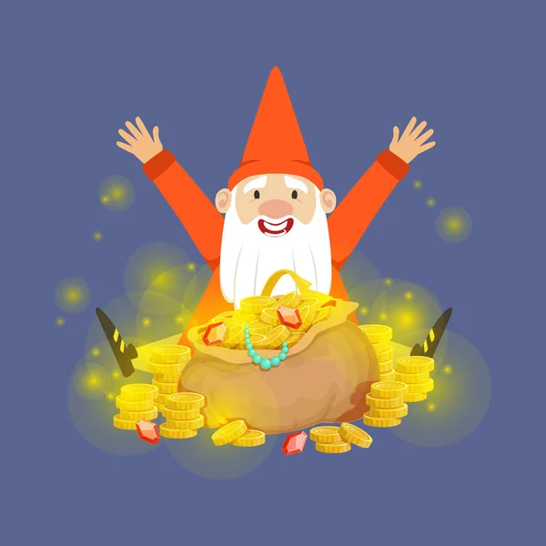 Cute happy dwarf sitting on a gold treasures vector Illustration — Stock Vector