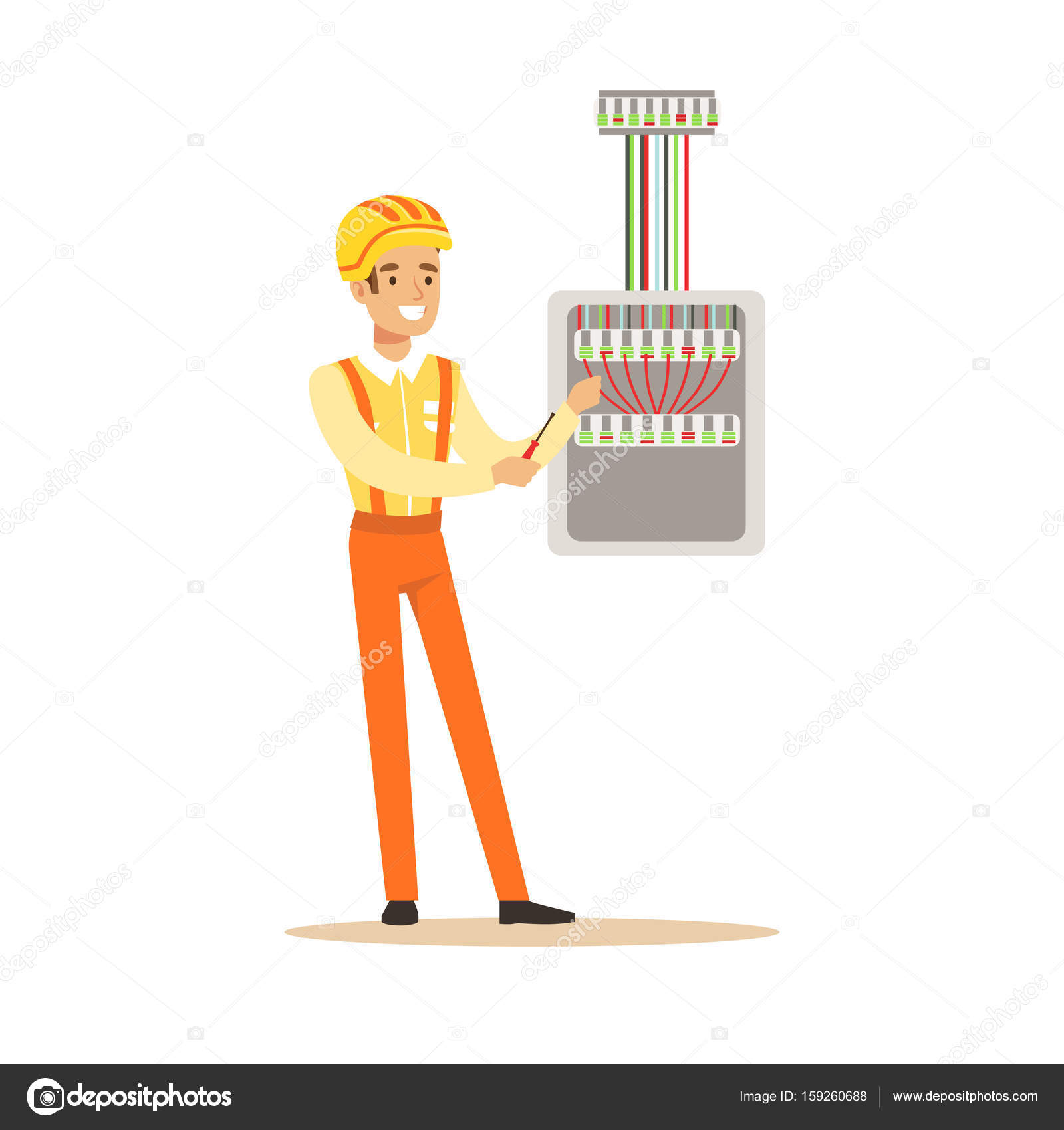 Smiling electrician screwing equipment in fuse box, electric man performing electrical works vector Illustration —