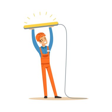 Elektrikçi floresan lamba yükleme üniformalı gülümseyen, elektrik adam elektrik gerçekleştirme vektör illüstrasyon inşaat