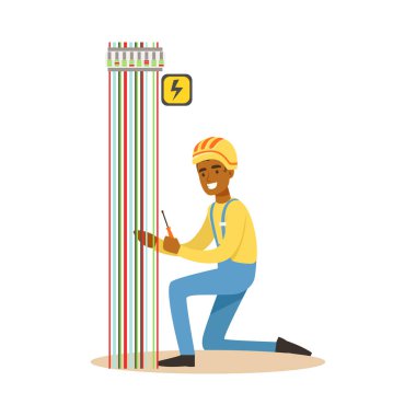 Elektrikçi mühendis onarma elektrik güç istasyonu, elektrik adam elektrik gerçekleştirme vektör çizim çalışır.