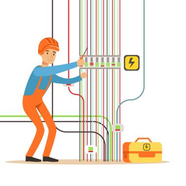 Elektrikçi mühendisi elektrik santrali, elektrik adam elektrik çalışmalarımız tamir üniformalı illüstrasyon vektör