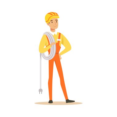 Tamirci Tekdüzen ayakta ve bir tel rulo, elektrik adam elektrik gerçekleştirme tutan vektör illüstrasyon inşaat