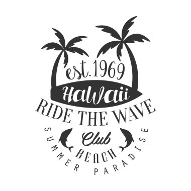 Dalga Hawaii beach club binmek, cennet logo şablonu, siyah ve beyaz vektör çizim yaz