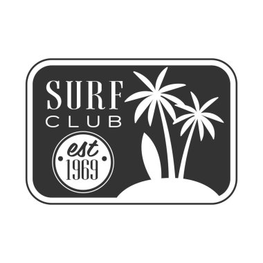 Surf club, est 1969 logo şablonu, siyah ve beyaz vektör çizim