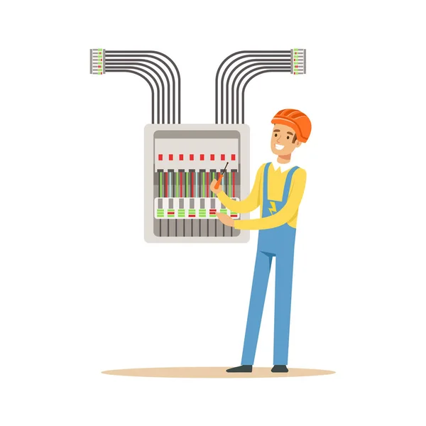 Elektricien ingenieur schroeven van apparatuur in de zekeringenkast, elektrische man uitvoeren van elektrische werken vector illustratie — Stockvector