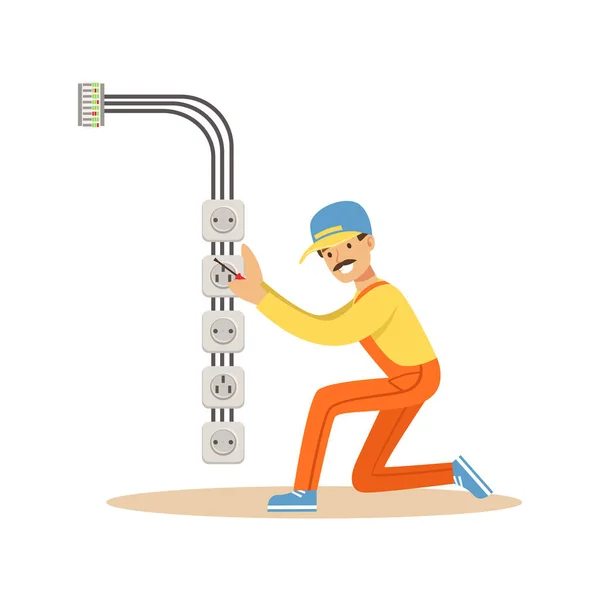 Electrician installing electrical equipment and sockets, electric man performing electrical works vector Illustration — Stock Vector