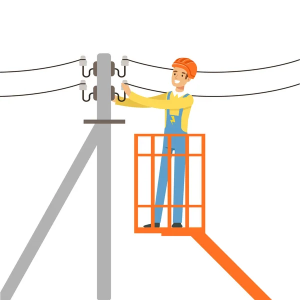 Électricien réparer le fil de la ligne électrique avec godet plate-forme de levage hydraulique, homme électrique effectuant des travaux électriques vecteur Illustration — Image vectorielle