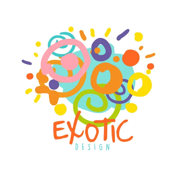 Exotische logo ontwerpen, tropische zomer vakantie kleurrijke hand getekende vector illustratie — Stockvector