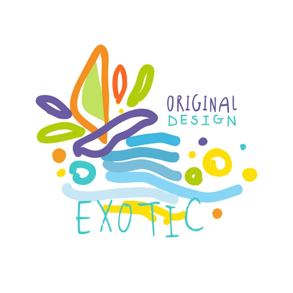 Exotiska ursprungliga Logotypdesign, sommaren resor färgglada hand dras vektor Illustration — Stock vektor