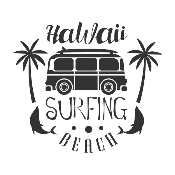 Plage hawaïenne, gabarit logo surf, vecteur noir et blanc Illustration — Image vectorielle
