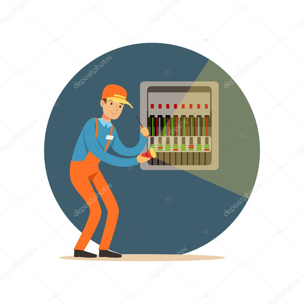 Electrician engineer repairing equipment in fuse box with flashlight, electric man performing electrical works vector Illustration