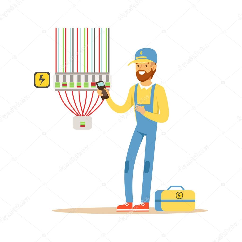 Electrician testing electrical equipment, measuring the voltage output, electric man performing electrical works vector Illustration