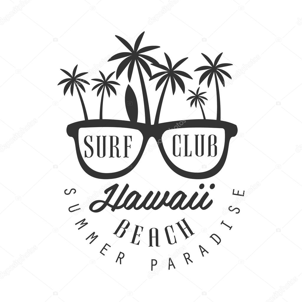 Hawaii beach, summer paradise logo template, black and white vector Illustration