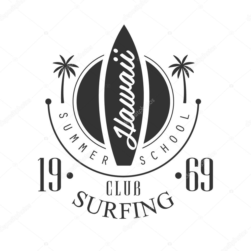 Hawaii surfing club summer school logo template, black and white vector Illustration