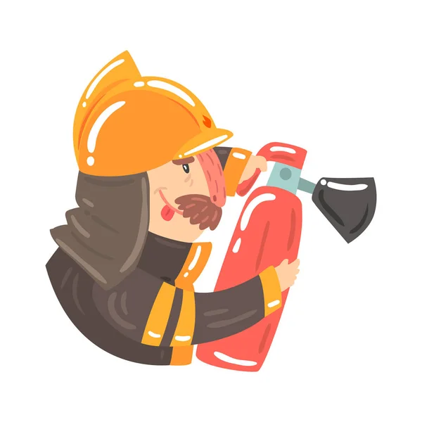 Vigile del fuoco in casco di sicurezza e tuta protettiva con estintore personaggio dei cartoni animati Illustrazione — Vettoriale Stock