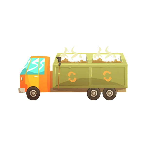 Camião de lixo cheio de resíduos, reciclagem de lixo e utilização cartoon vector Ilustração —  Vetores de Stock