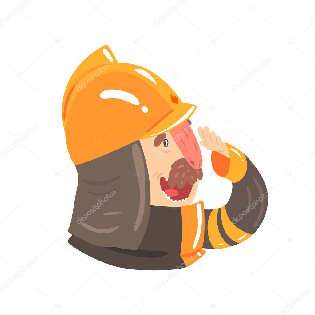 Firefighter in safety helmet and protective suit, side view cartoon character vector Illustration