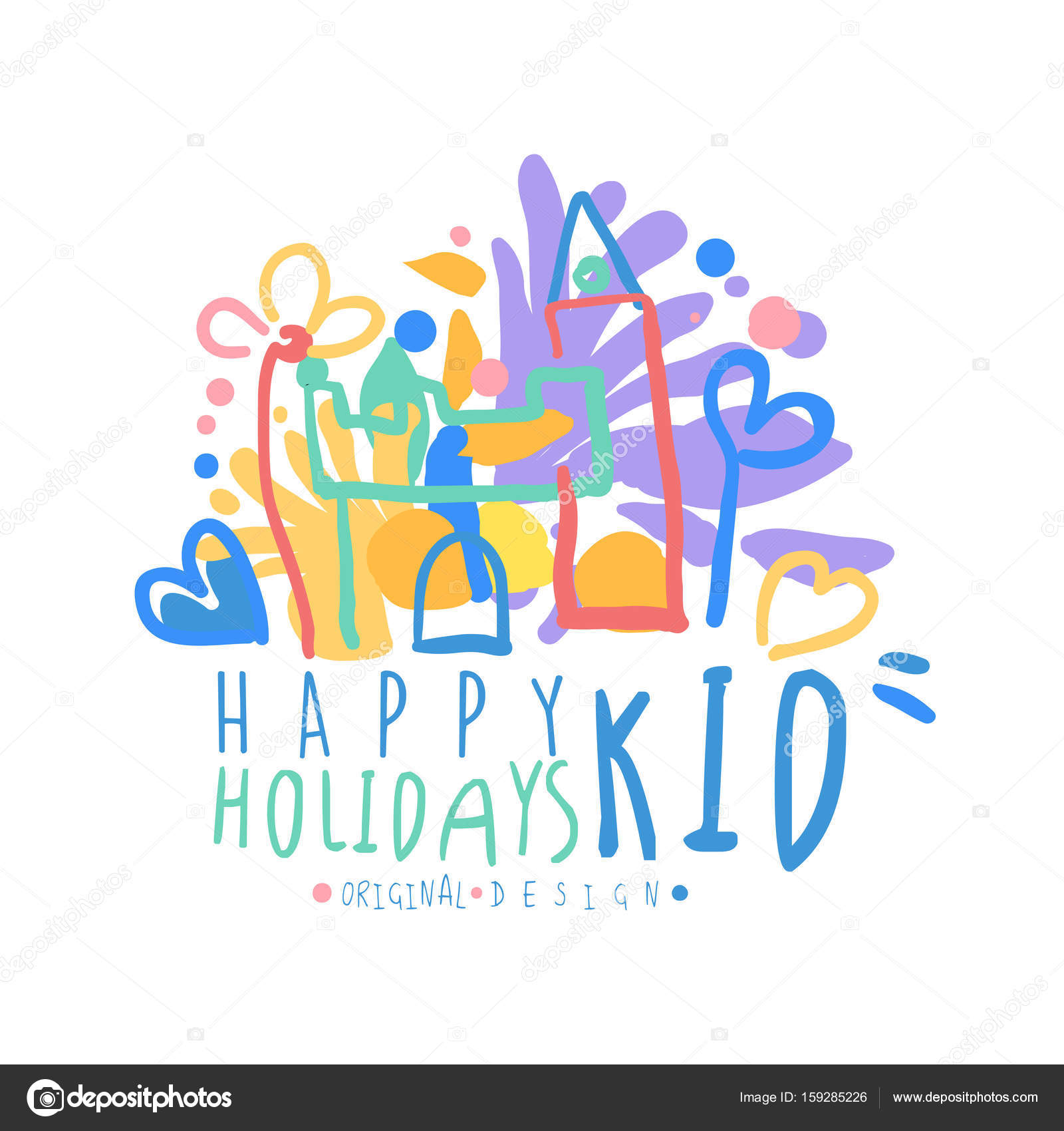 Ragazzino Happy Holidays logo originale disegno colorato disegnato a mano vettoriale illustrazione su sfondo bianco — Vettoriali di TopVectors