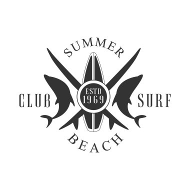 Yaz plaj sörf kulübü logosu şablonu, siyah ve beyaz vektör çizim