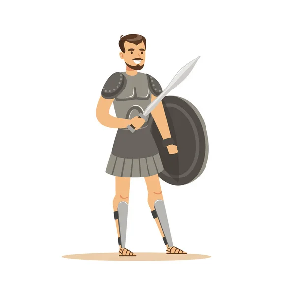 Savaşçı karakter, tarihsel zırh kılıç ve kalkan adam vektör çizim — Stok Vektör