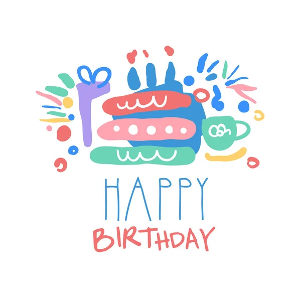 Buon compleanno logo modello colorato disegnato a mano vettore Illustrazione — Vettoriale Stock