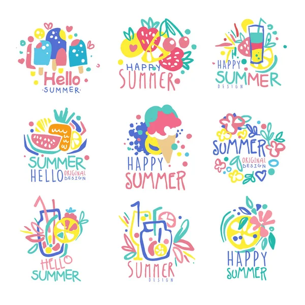 こんにちは夏のロゴのテンプレートの元のデザインを設定、カラフルな手描きの背景イラスト — ストックベクタ