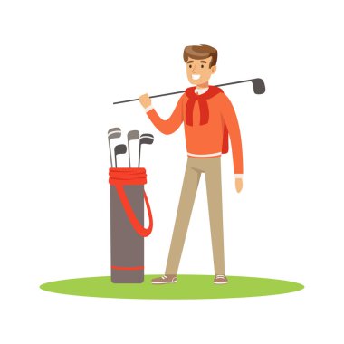 Golf oyuncu golf kulüpleri bir torba ile Mavi kazak ayakta illüstrasyon vektör