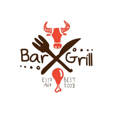 Renkli vektör resimde Grill bar, en iyi gıda estd 1969 logo şablonu el çizilmiş