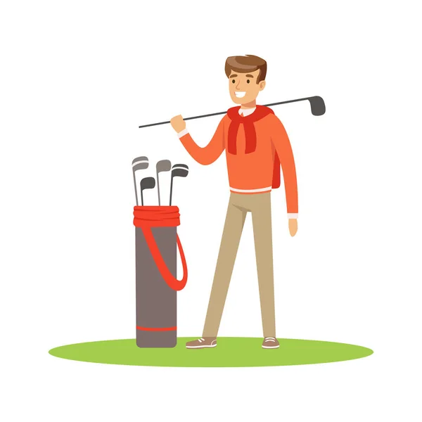 Golfspieler in blauem Pullover mit einer Tüte Golfschläger — Stockvektor