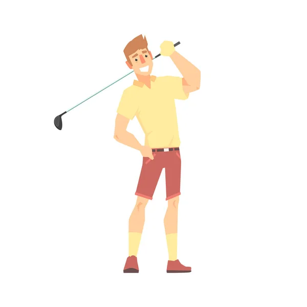 Smiling cartoon golf palyer character standing with golf club vector Illustration — Stock Vector