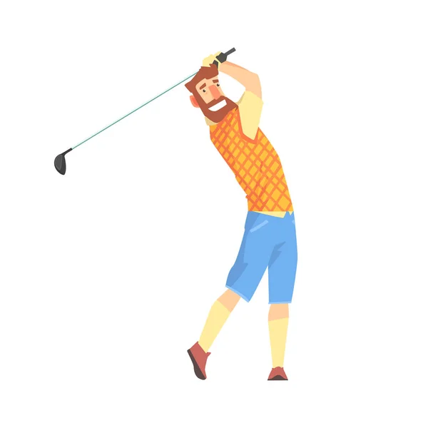 Glimlachend bebaarde golf palyer stripfiguur nemen een schommel vector illustratie — Stockvector