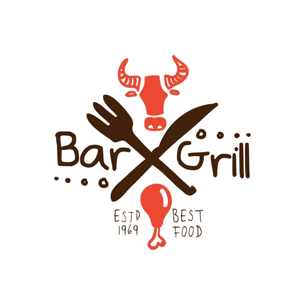 Grill bar, best food estd 1969 logo template hand drawn colorful vector Illustration — Stock Vector