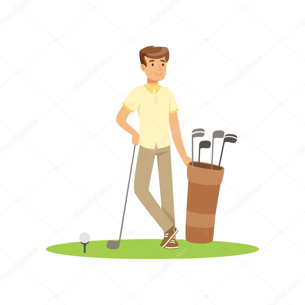Smiling man golfer with golf equipment vector Illustration