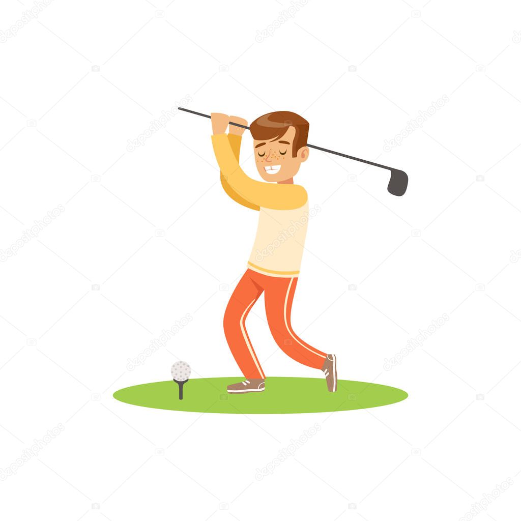 Smiling golf player hitting the ball vector Illustration